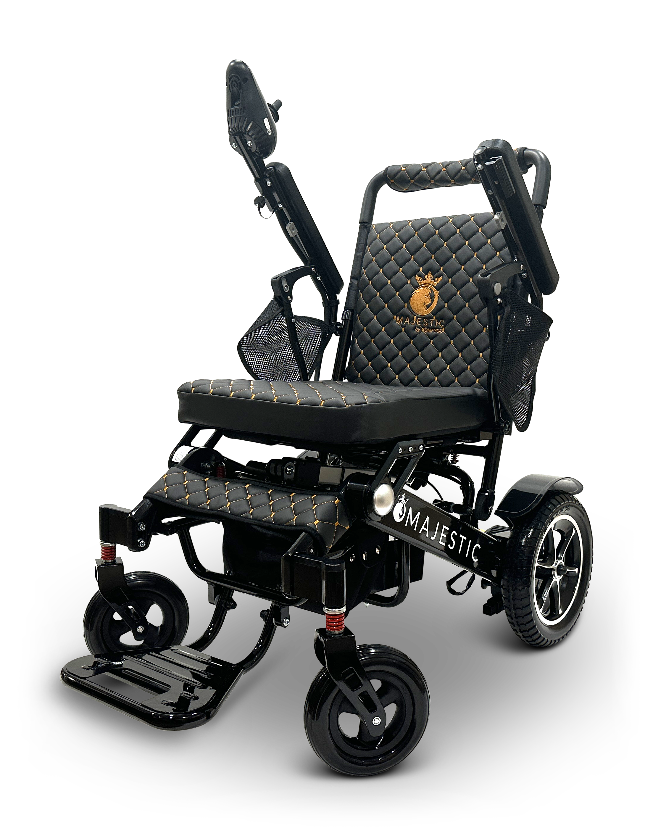A black and gold MAJESTIC IQ-7000 Remote Controlled Electric Wheelchair, featuring a quilted design on the seat and backrest. It includes a cushioned armrest, footrest, intelligent joystick, and large back wheels with the word "Majestic" printed on the side.